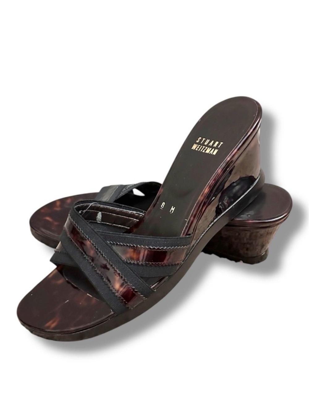 Stuart Weitzman Black & Tortoise Shell Patent Wedge Sandals Women’s Size 8 Retro